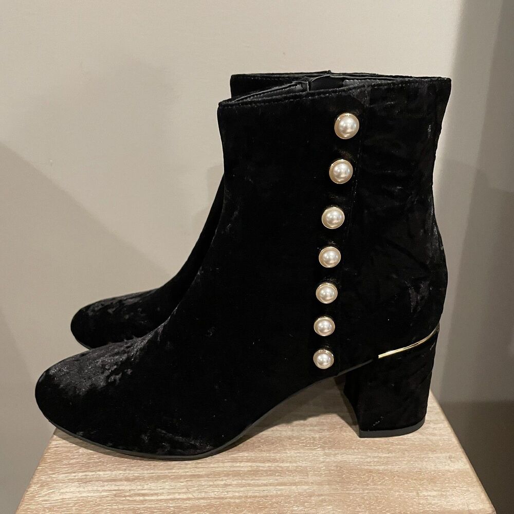Isaac Mizrahi Live! Black Crushed Velvet Booties with Faux Pearls 7 1/2 M